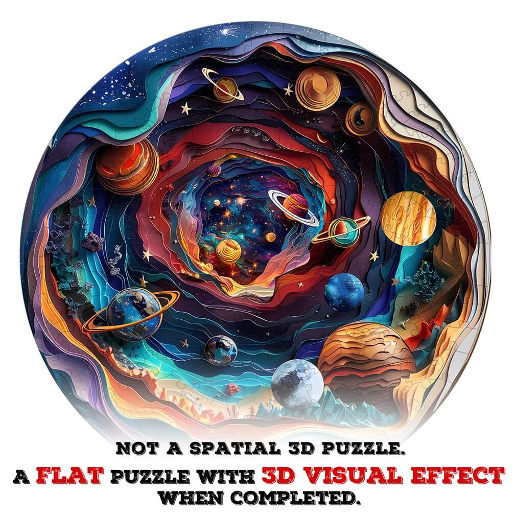 Colorful 3D Universe Wooden Jigsaw Puzzle design featuring planets and stars, creating a stunning visual effect.