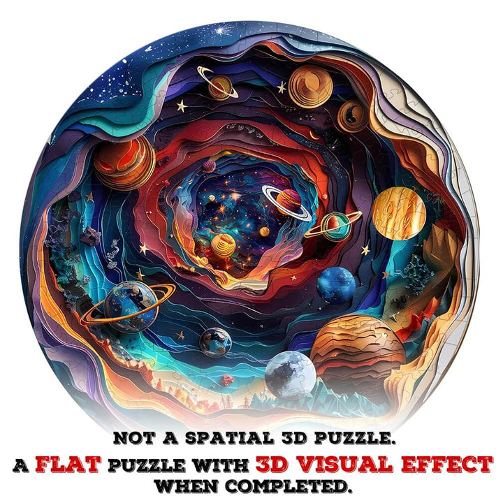 Colorful 3D Universe Wooden Jigsaw Puzzle design featuring planets and stars, creating a stunning visual effect.