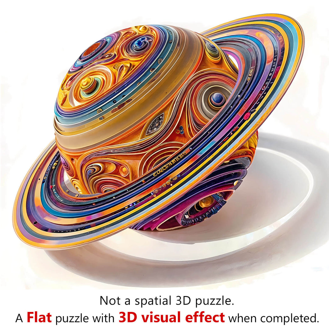 3D Fantasy Saturn Wooden Jigsaw Puzzle showcasing vibrant colors and a 3D visual effect, ideal for puzzle enthusiasts.