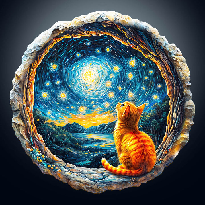 A colorful 3D wooden jigsaw puzzle featuring a cat gazing at a starry sky and landscapes, encouraging focus and creativity.