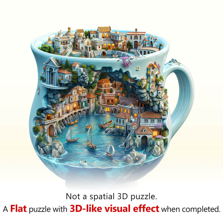 Seaside town wooden jigsaw puzzle in a cup design, offering a flat puzzle with a 3D-like visual effect when completed.
