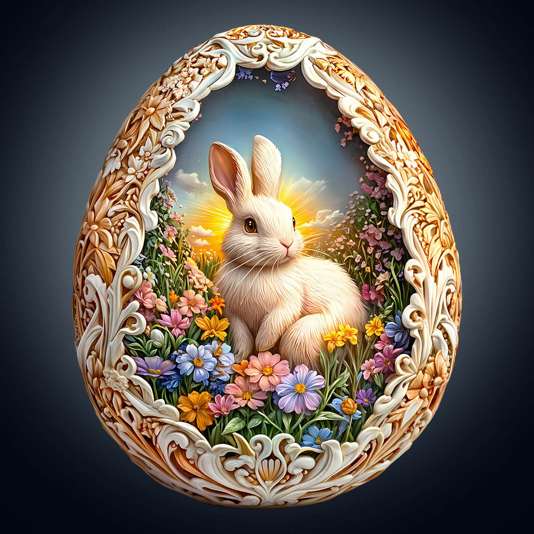 Colorful Easter egg design featuring a rabbit surrounded by flowers, symbolizing spring and joy.