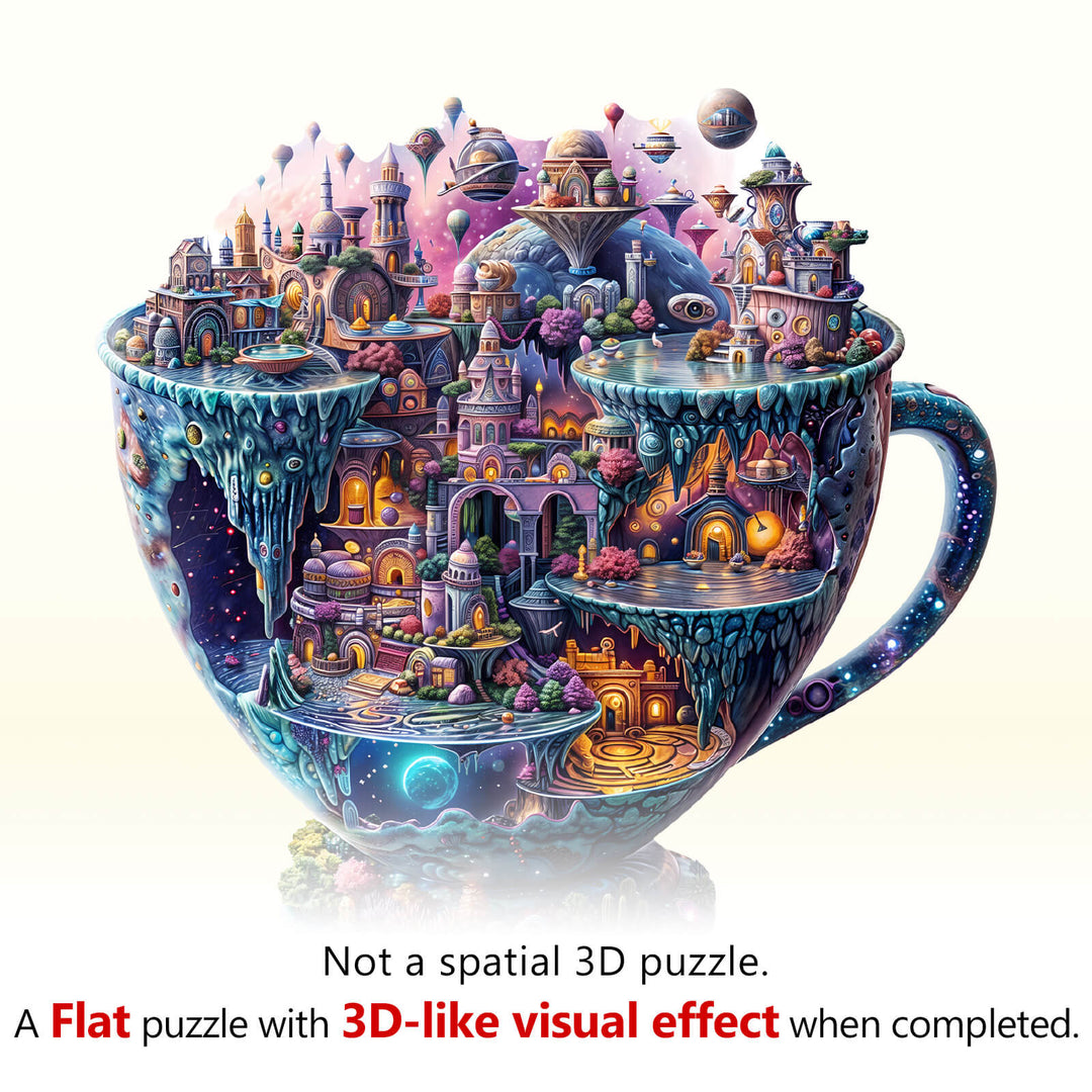 Interstellar City Wooden Jigsaw Puzzle featuring a vibrant, 3D-like visual effect inside a cup.
