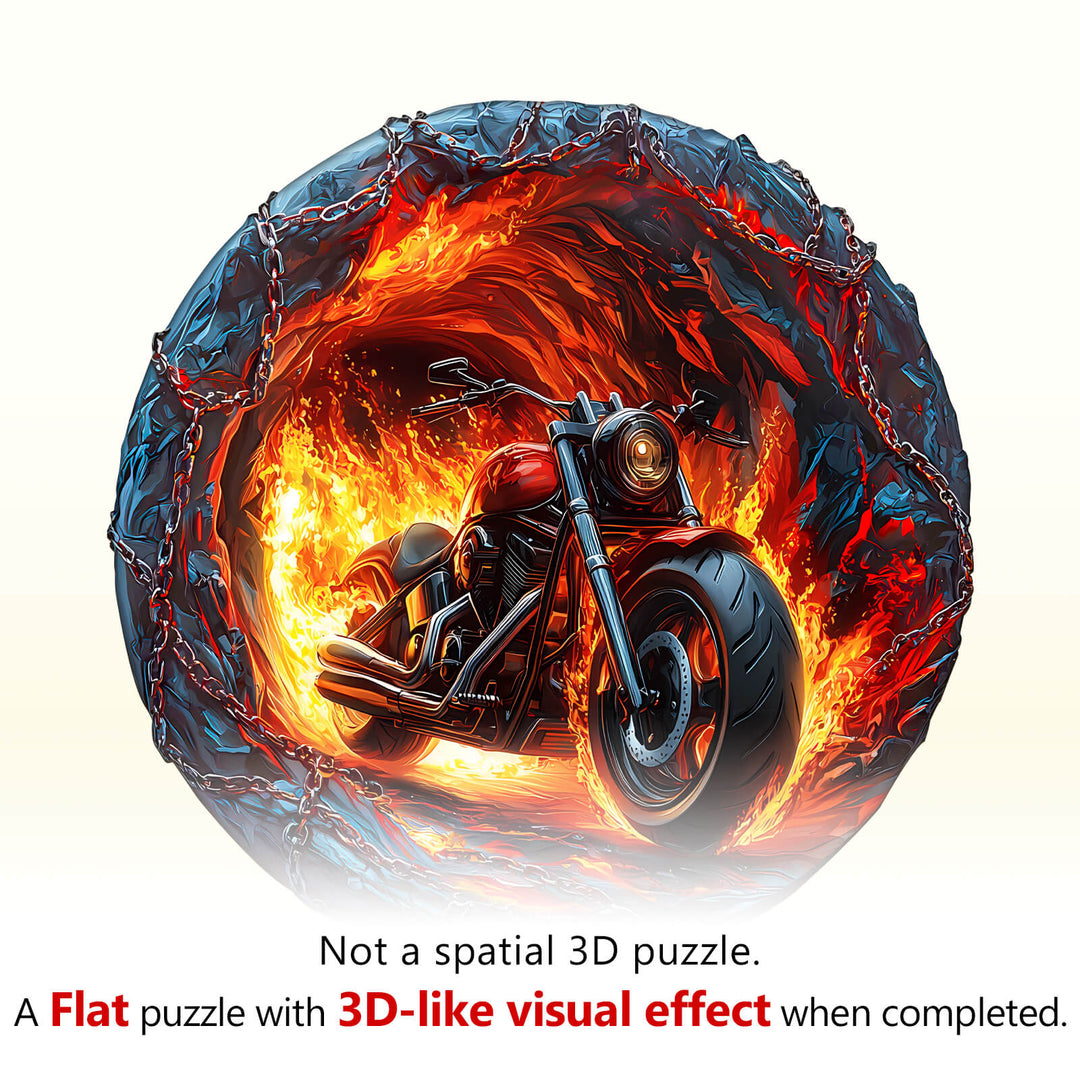 Fiery Escape wooden jigsaw puzzle featuring a motorcycle emerging from flames, offering a 3D-like visual effect.