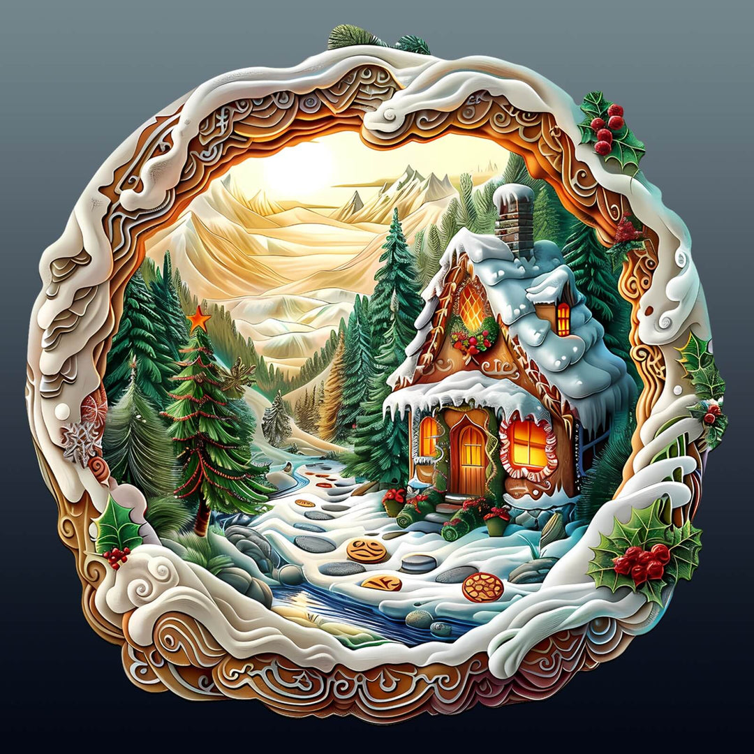 3D Christmas House-1 wooden jigsaw puzzle featuring a snowy house and pine trees in a serene winter landscape.