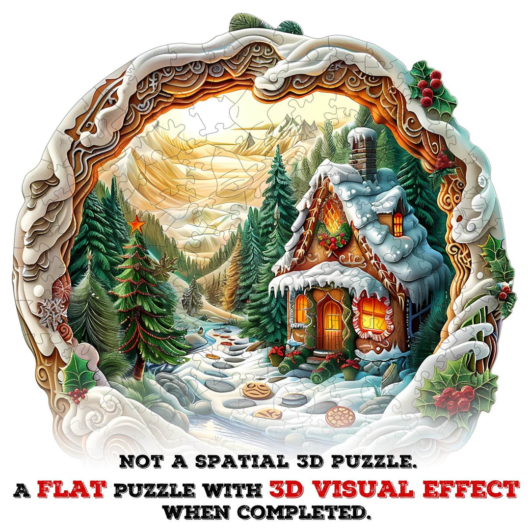 3D Christmas House-1 wooden jigsaw puzzle showcasing a cozy cabin and winter scenery with a 3D visual effect.