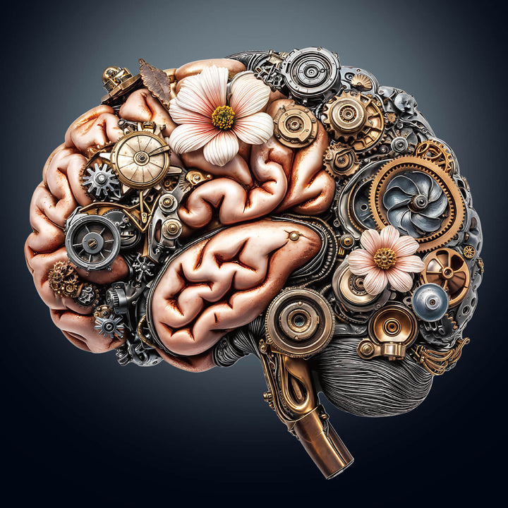 3D Mechanical Brainstem jigsaw puzzle showcasing intricate gears and flowers for mind games and focus enhancement.