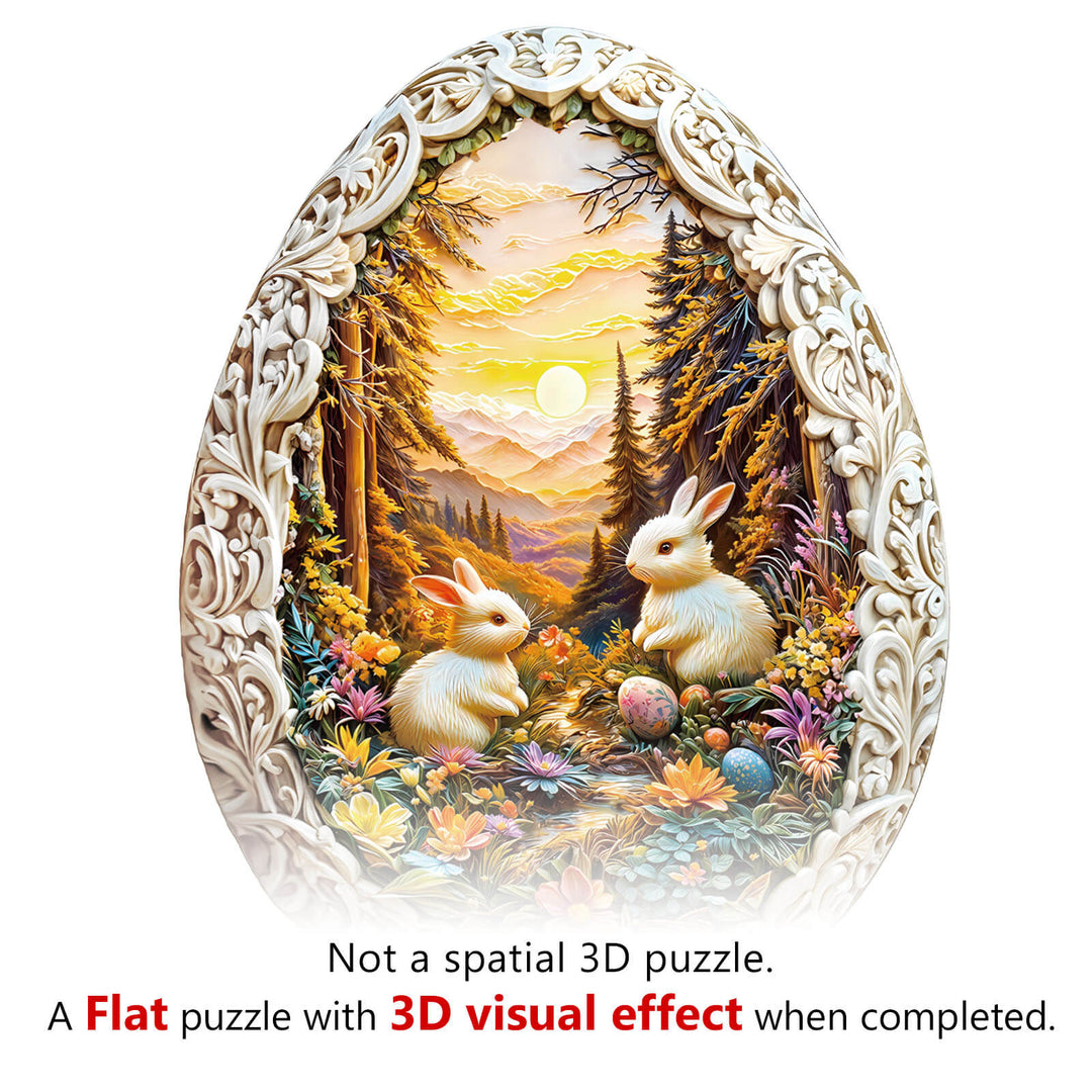 Wonderland Easter-4 wooden jigsaw puzzle featuring rabbits, flowers, and a sunset, offering a beautiful 3D visual effect.