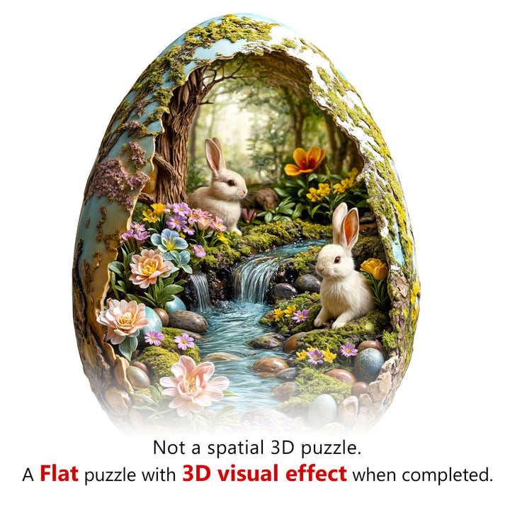 3D Wonderland Easter wooden jigsaw puzzle featuring rabbits, flowers, and a serene landscape with a 3D visual effect.