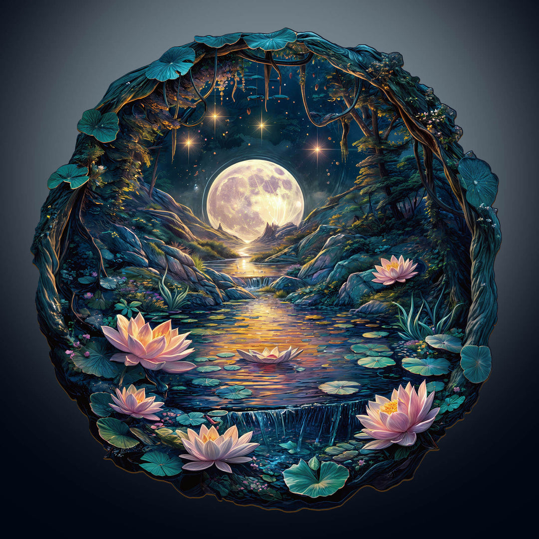 3D wooden jigsaw puzzle featuring a moonlit cave and lotus flowers in a serene nighttime scene.