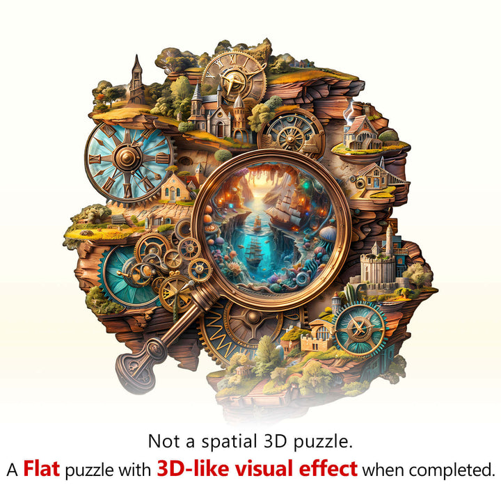 Flat puzzle with 3D-like visual effect of a scenic explorative landscape, showcasing intricate designs and details.