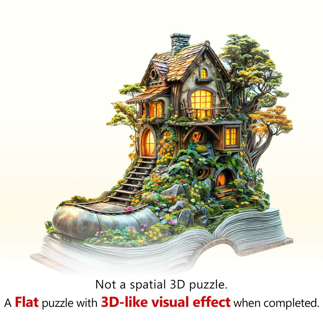 Treehouse Dream wooden jigsaw puzzle, showcasing a whimsical treehouse design with vibrant colors and 3D-like visual effect.