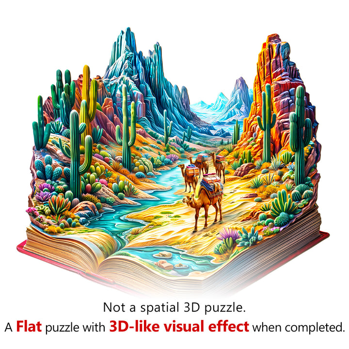 Vibrant Wilderness wooden jigsaw puzzle featuring a colorful desert landscape with camels and 3D-like visual effects.