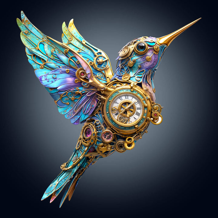 3D mechanical hummingbird jigsaw puzzle showcasing intricate gears and vibrant colors, ideal for puzzle enthusiasts and mind games.