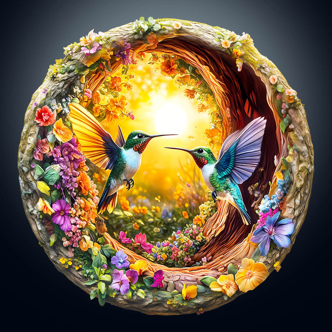 3D jigsaw puzzle of hummingbirds in a colorful cave with flowers, an engaging mind game for puzzle enthusiasts.