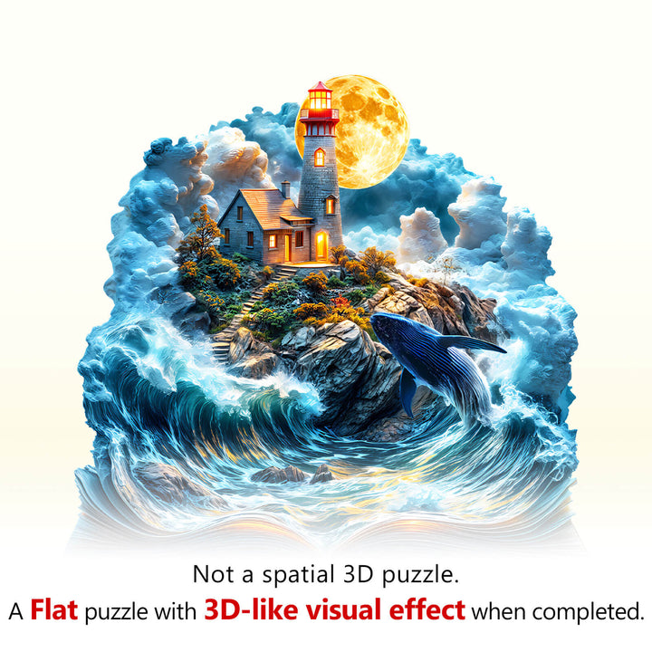 Dream Sea Wonder Wooden Jigsaw Puzzle featuring a lighthouse and waves, offering 3D-like visual effects when completed.