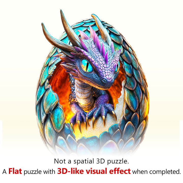 Draconic Rebirth wooden jigsaw puzzle featuring a dragon emerging from an egg, designed for enhanced focus and cognitive skills.