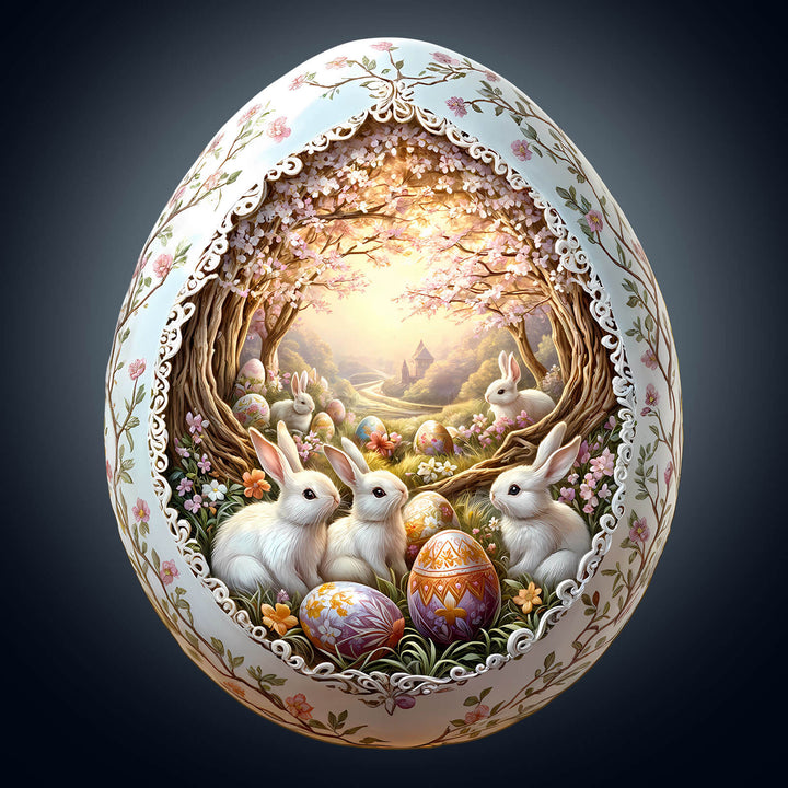 Decorative Easter egg scene with bunnies and colorful eggs, surrounded by a serene nature setting.
