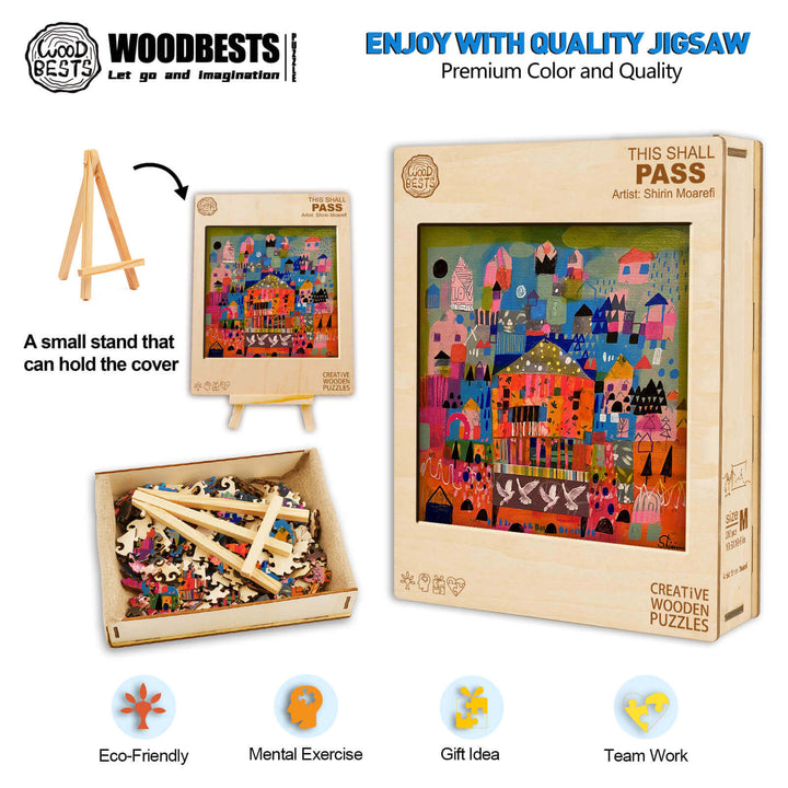 Premium jigsaw puzzle 'This Shall Pass' by Shirin Moarefi, featuring colorful wooden pieces for creative fun.