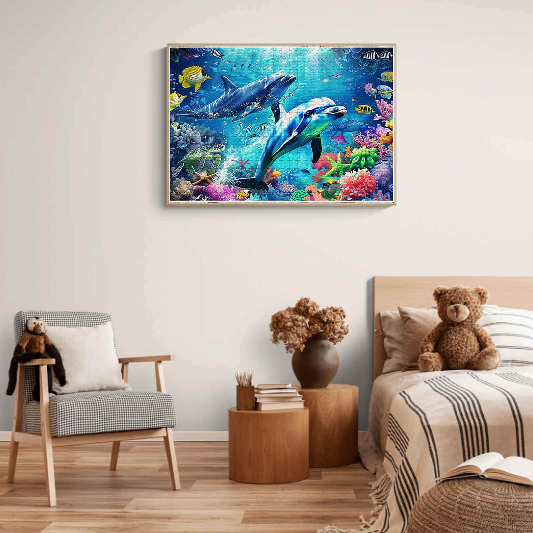Colorful Undersea Paradise puzzle with dolphins and fish, enhancing focus and problem-solving skills in home decor.