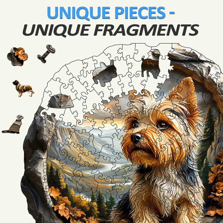 3D Yorkshire wooden jigsaw puzzle with unique pieces featuring a Yorkshire Terrier in an outdoor setting.