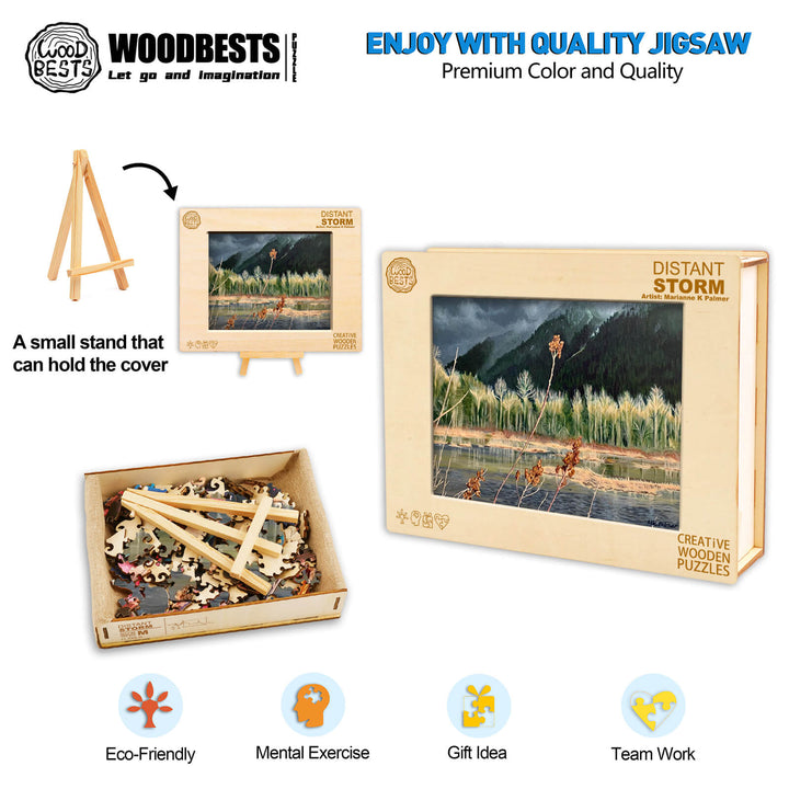 Distant Storm jigsaw puzzle by Marianne K Palmer, showcasing eco-friendly packaging and quality design for creativity.