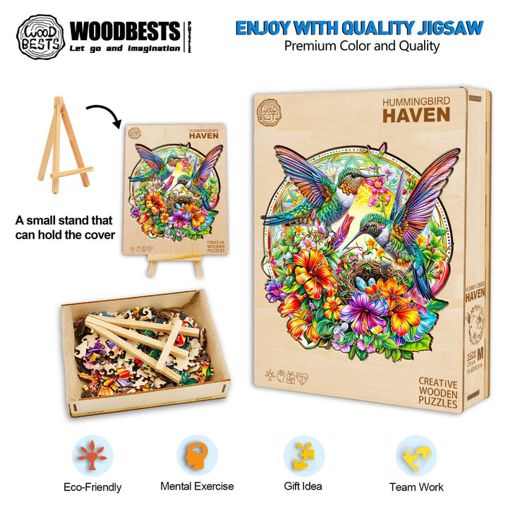 Hummingbird Haven wooden jigsaw puzzle, eco-friendly design for mental exercise and teamwork, colorful floral artwork.