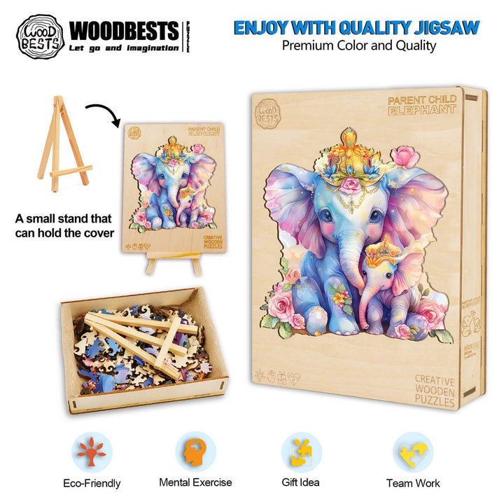 Parent child elephant wooden jigsaw puzzle in a box, promoting mental exercise, eco-friendliness, and teamwork.