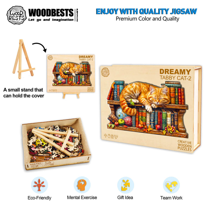 Dreamy Tabby Cat-2 wooden jigsaw puzzle with cat on bookshelf, emphasizing creativity, teamwork, and mental exercise.