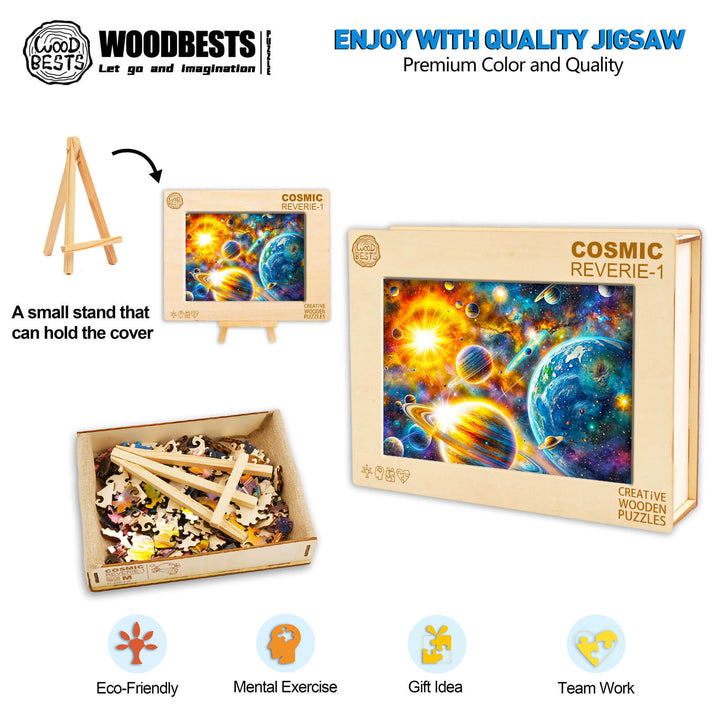 Cosmic Reverie-1 wooden jigsaw puzzle with vibrant cosmic art, featuring eco-friendly materials and designed for mental exercise.