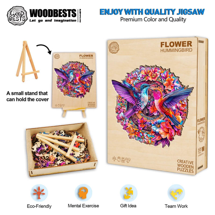 Flower Hummingbird wooden jigsaw puzzle for mental exercise, eco-friendly, perfect gift for teamwork and focus.