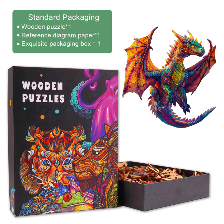 Dragon wooden jigsaw puzzle in exquisite packaging, including reference diagram and vibrant dragon design.
