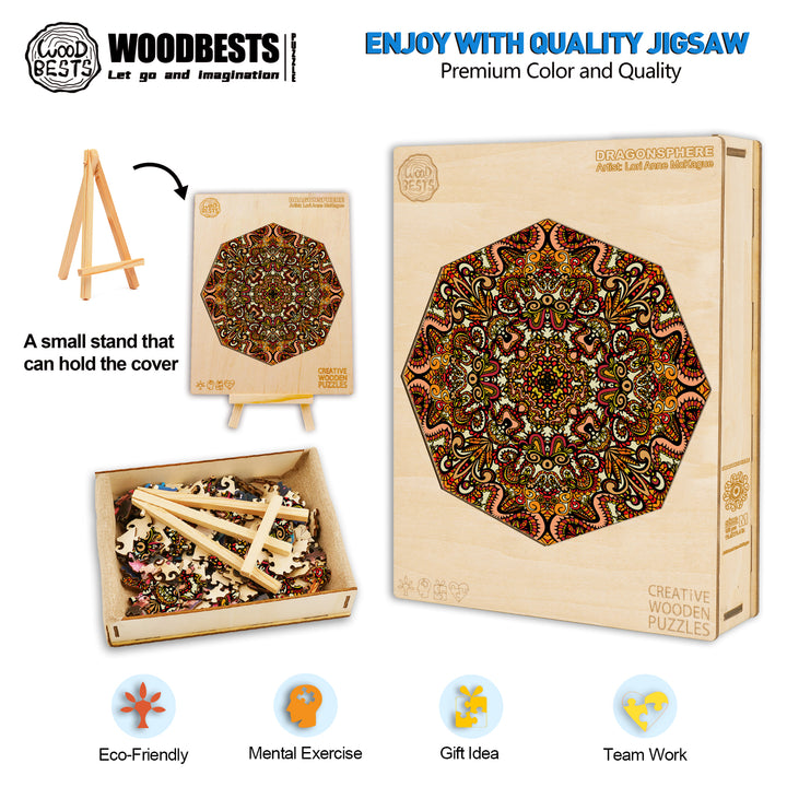 Dragonsphere jigsaw puzzle by Lori Anne McKague, eco-friendly, designed for mental exercise and teamwork, vibrant doodle art.