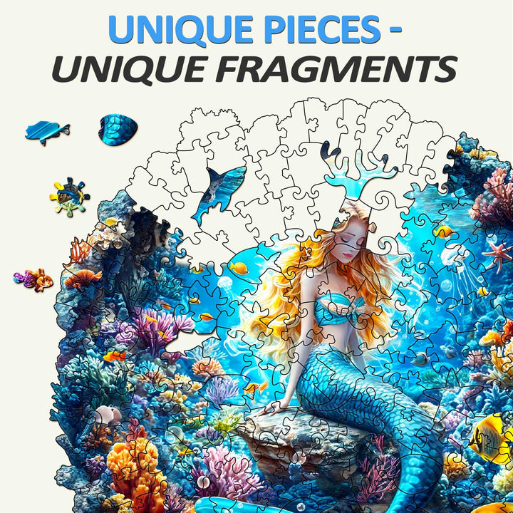 3D Mermaid Wooden Jigsaw Puzzle showcasing unique puzzle pieces and vibrant underwater scene.