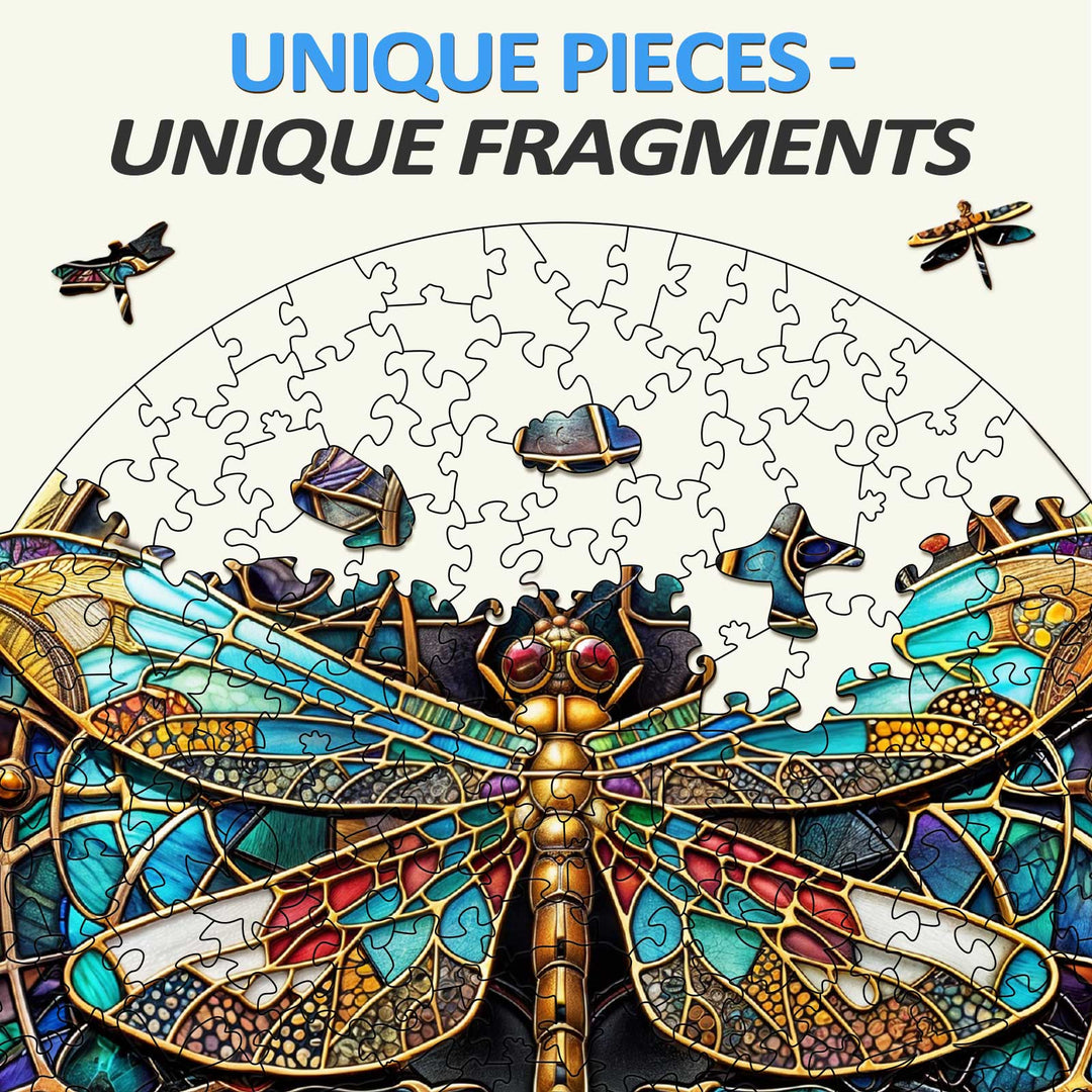 Vintage Dragonfly wooden jigsaw puzzle with unique, colorful pieces featuring dragonflies and intricate designs.