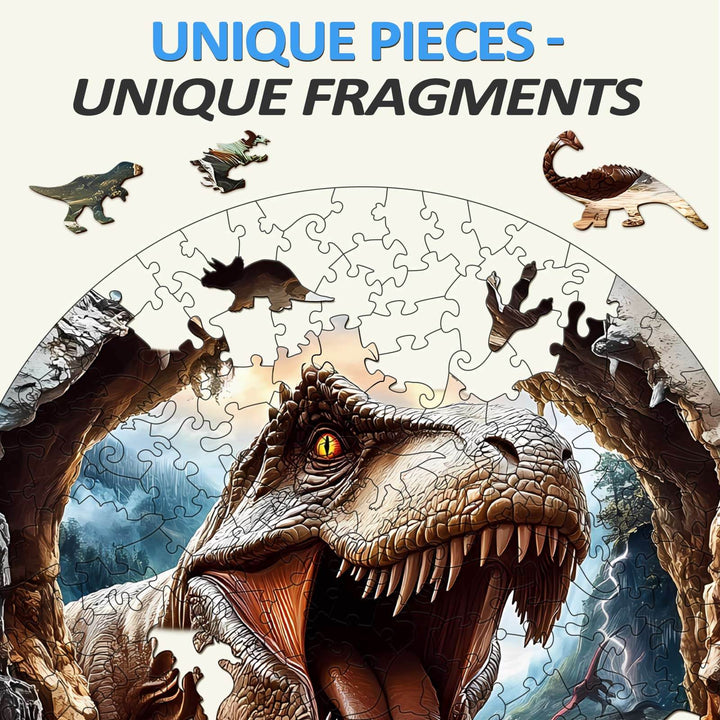 3D T-Rex wooden jigsaw puzzle showcasing unique pieces and fragments, perfect for enhancing focus and cognitive skills.