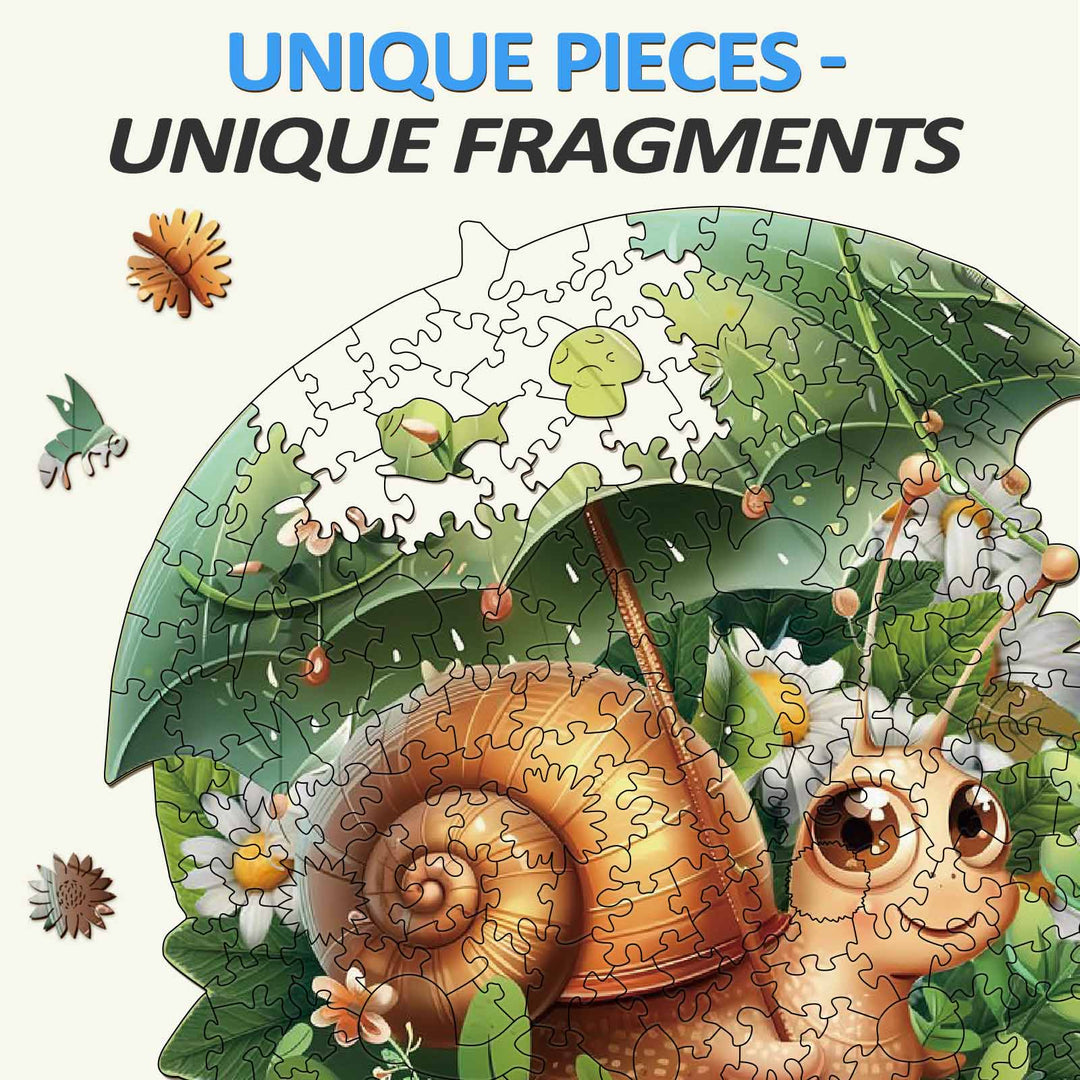 Leisurely Snail wooden jigsaw puzzle showcasing unique pieces under an umbrella in a vibrant garden scene.