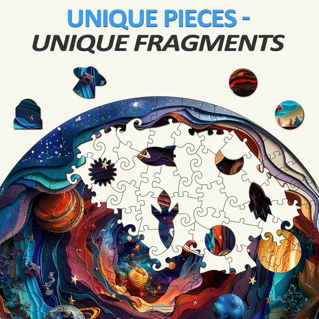 Close-up of 3D Universe Wooden Jigsaw Puzzle pieces featuring unique shapes and vibrant planets, emphasizing puzzle-solving enjoyment.