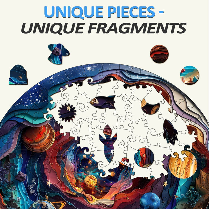 Close-up of 3D Universe Wooden Jigsaw Puzzle pieces featuring unique shapes and vibrant planets, emphasizing puzzle-solving enjoyment.