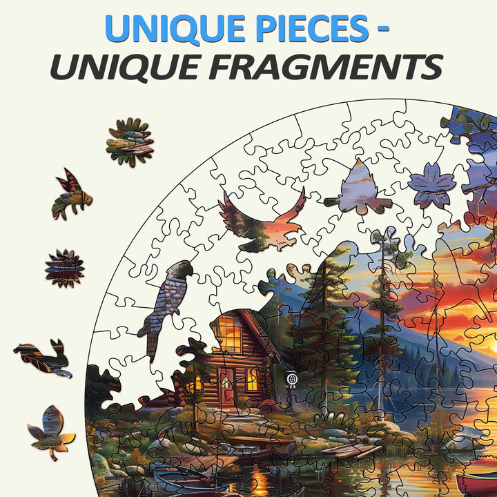 Canoe Lake-2 wooden jigsaw puzzle showing unique pieces and fragments with a serene lakeside landscape.