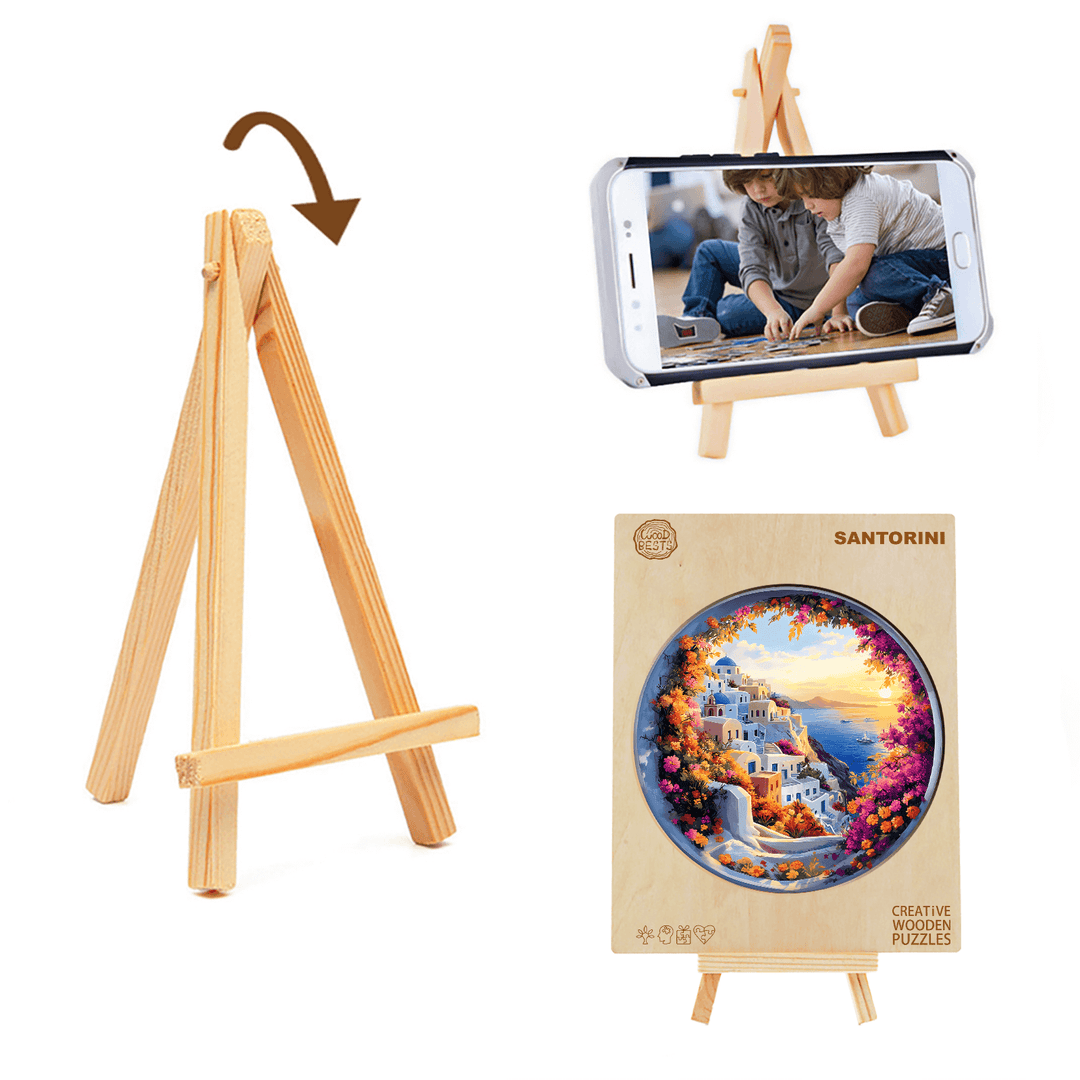 Santorini wooden jigsaw puzzle displayed on a small easel, ideal for mind games and enhancing focus.