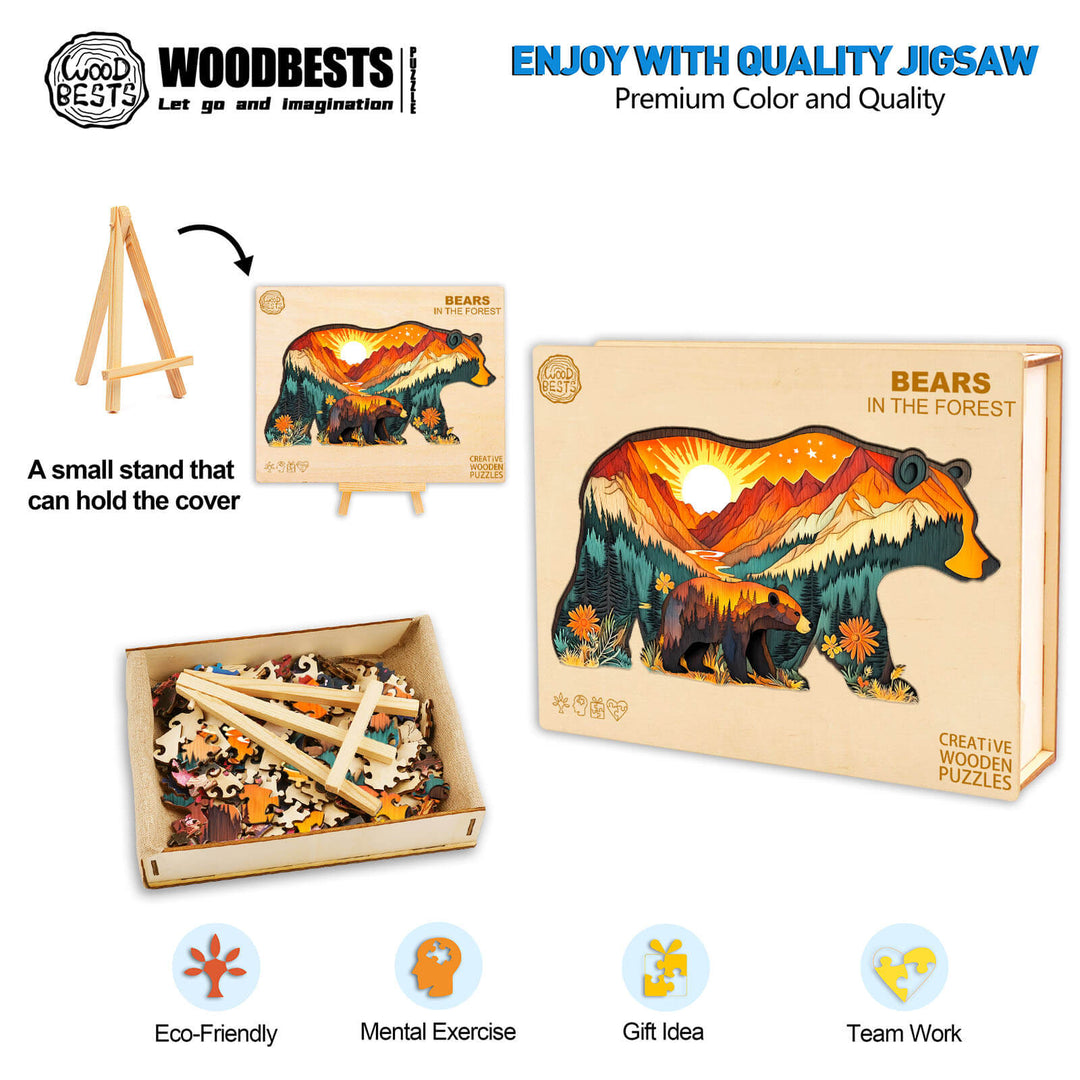 Bears in the Forest wooden jigsaw puzzle, eco-friendly, mental exercise, perfect gift, promotes teamwork and focus.