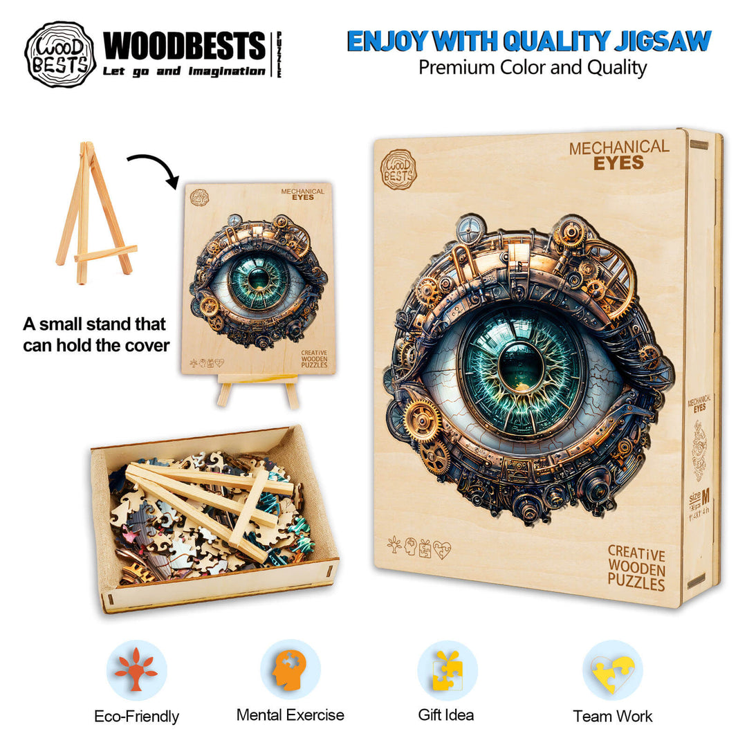 3D Mechanical Eyes wooden jigsaw puzzle with colorful design, promoting focus and creativity, great for gifts and mental exercise.
