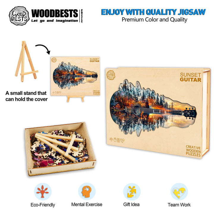 Sunset guitar wooden jigsaw puzzle with eco-friendly design, mental exercise benefits, and gift idea for teamwork.