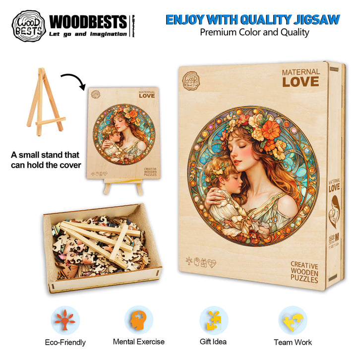 Maternal Love wooden jigsaw puzzle box and pieces, promoting focus and creativity through puzzle solving.