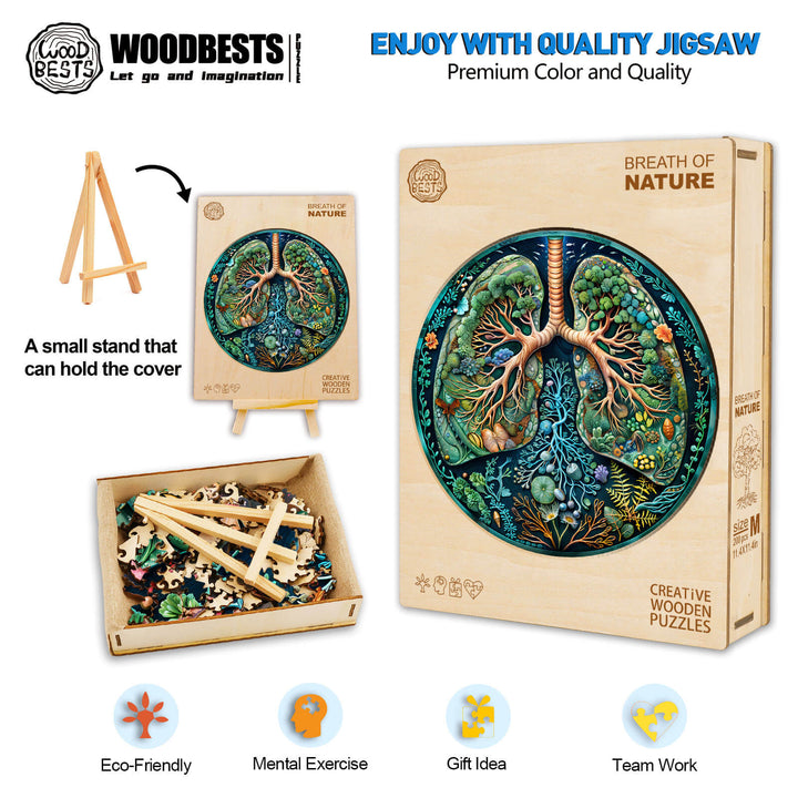 Breath of Nature wooden jigsaw puzzle with vibrant colors, eco-friendly materials, promoting mental exercise and creativity.