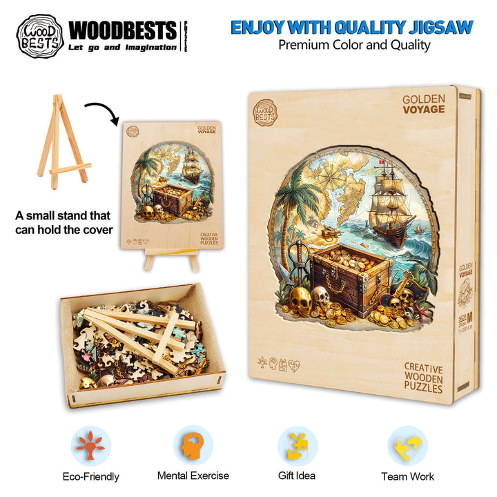 Golden Voyage Wooden Jigsaw Puzzle with eco-friendly packaging and colorful design for mental exercise and teamwork.