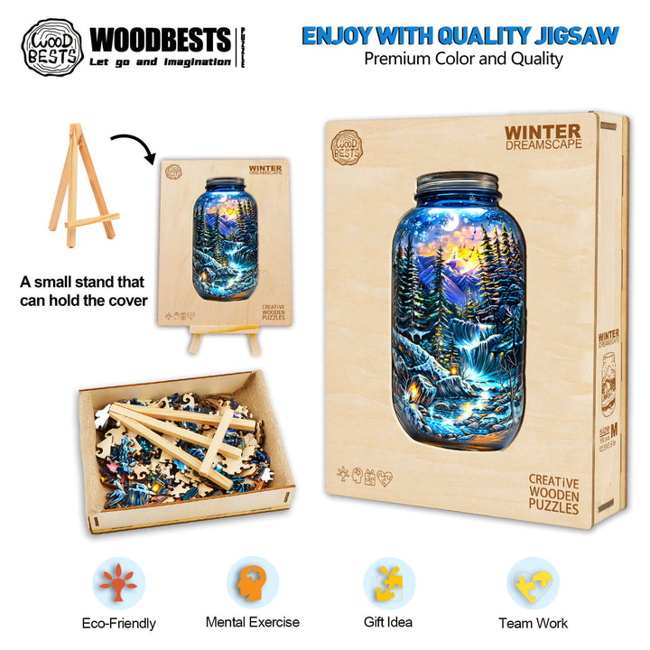 Winter Dreamscape wooden jigsaw puzzle in a box, showcasing vibrant colors and eco-friendly design, perfect for mental exercise.