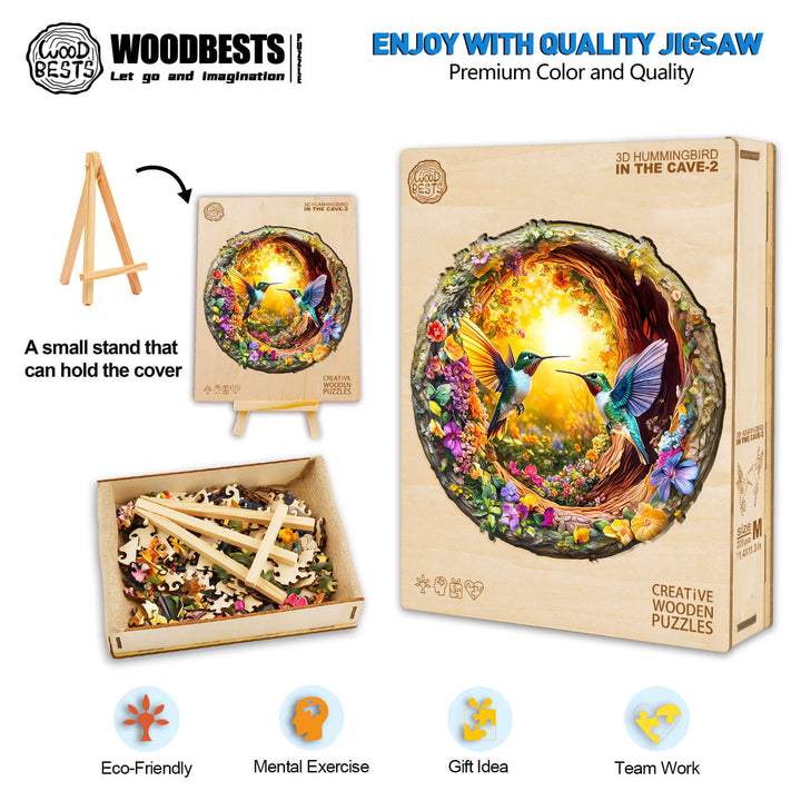 3D Hummingbird in the Cave-2 wooden jigsaw puzzle showcasing vibrant artwork and eco-friendly materials.