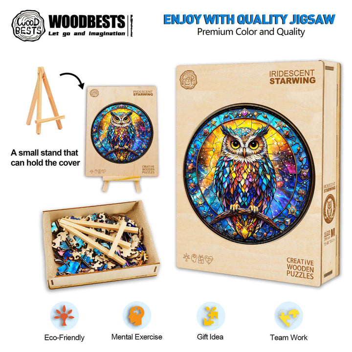 Iridescent Starwing wooden jigsaw puzzle box and pieces, promoting mental exercise and teamwork in a colorful design.